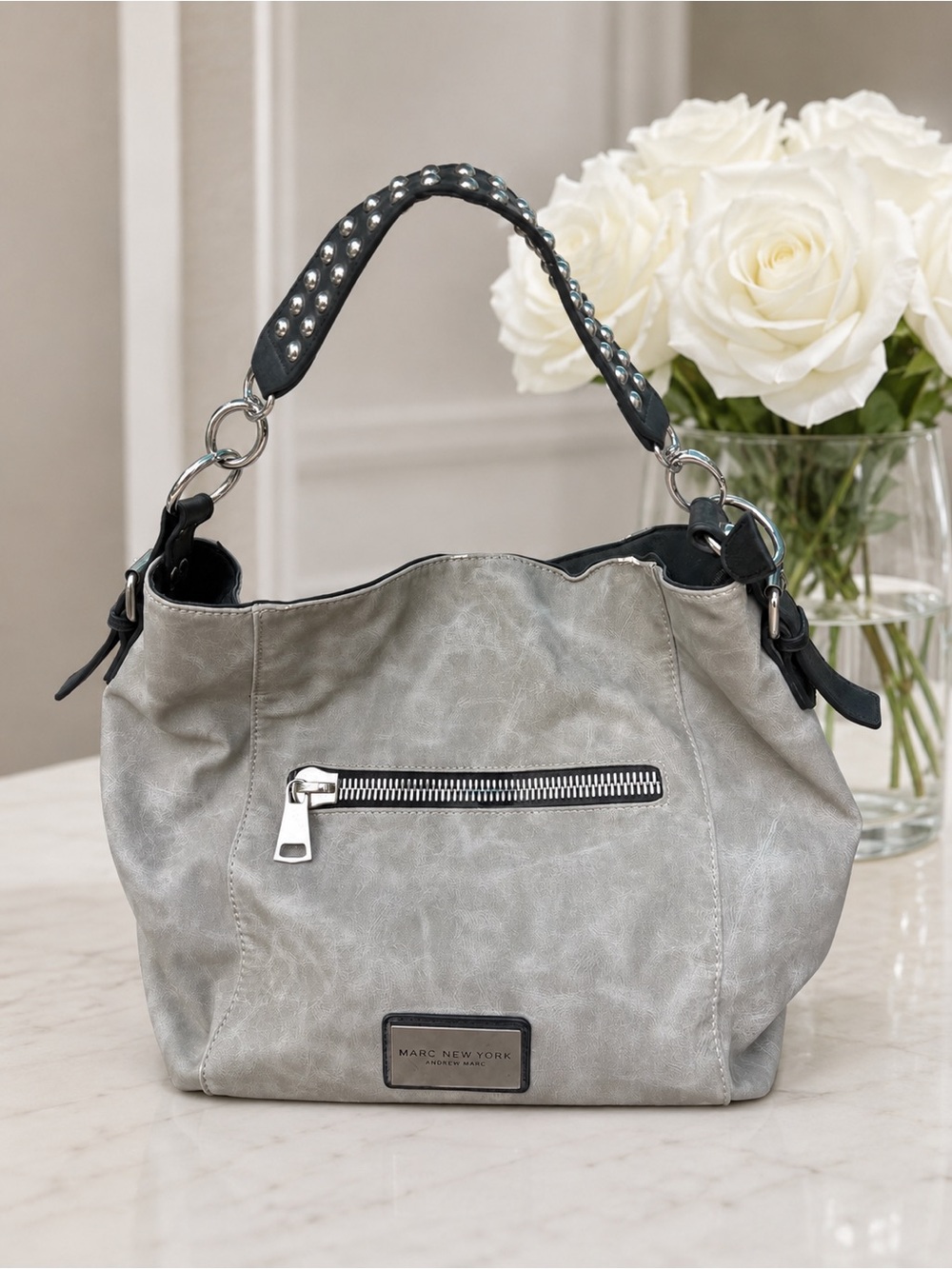 Marc New York Silver-Gray Studded Handle Shoulder Bag